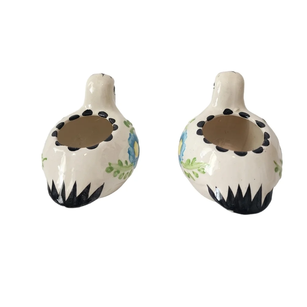 2 Mexican Ceramic Birds Blue Green Floral Print 3D Planters Hand Painted